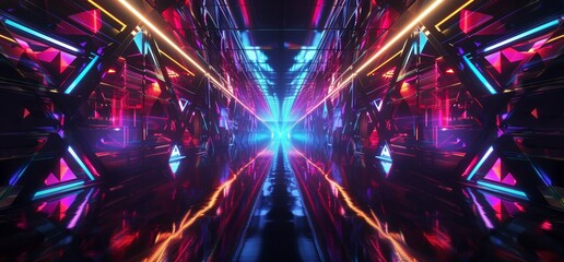 Poster - 3D rendering of neon sci fi retro futuristic alien spaceship tunnel garage corridor hangar purple blue concrete gloss background.