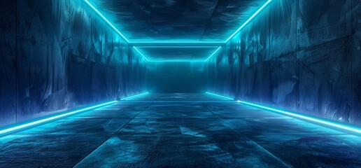 Poster - 3d rendering of a cement concrete sci-fi futuristic cybernetic laser lights glowing blue corridor co