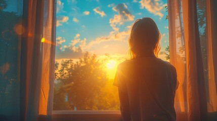 Poster - Woman opening curtains to sunrise