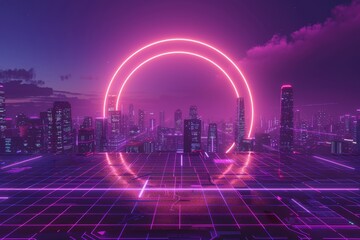 Poster - rendering of a futuristic sci-fi city with pink neon wireframe ground at night. a big hi-tech portal