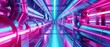 © Антон Сальников - In this 3D rendering, Blue and pink spaceship interior has neon lights on panel walls and futuristic corridor with a space station background in the background.
