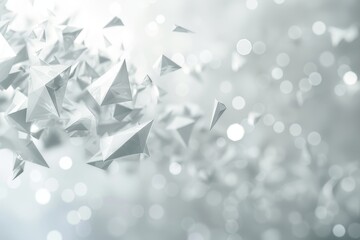 Poster - 3D rendering of chaotic low poly shapes. Flying polygonal pyramids in empty space. Poster design with bokeh effect.