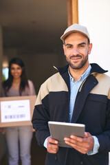 Poster - Man, tablet and courier for distribution, box and logistics for parcel with technology schedule. Post office employee, delivery or shipping with online shopping or woman customer to door service