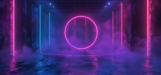 Poster - 3D Rendering of a futuristic science fiction futuristic circle of concrete grunge, neon lights, and lasers, a dark empty underground tunnel corridor, and an arc entrance gate.