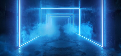Poster - Modern smoke Retro sci-fi futuristic blue neon shapes laser beams grunge concrete reflective tunnel corridor hall garage underground 3D rendering