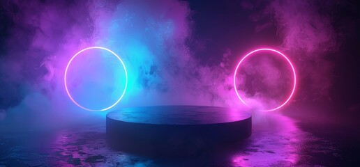 Poster - In a dark, fog filled studio, there is a laser illuminating the podium and a sci-fi futuristic digital vision of a vibrant garage room in 3D.