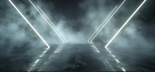 Poster - A smoked neon glow envelops a stadium, a studio hallway, a tunnel corridor, and cold concrete to create an alien modern empty futuristic sci fi scene in 3D