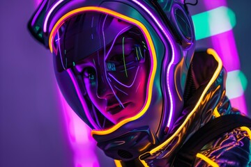 Poster - Closeup of an individual in a space helmet with glowing neon lights reflecting on visor