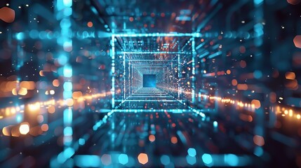 Poster - Cyber technology background with an infinite light blue square tunnel of glowing dots.