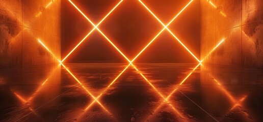 Poster - An angular modern basement with neon lasers, a tunnel corridor with orange concrete rough grunge, and a warehouse with white lights.