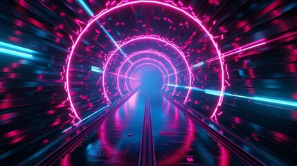 Poster - The futuristic background is outlined in purple and blue glowing abstract lights in 3D