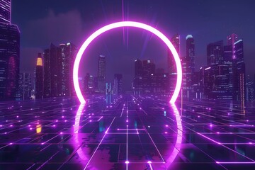 Poster - future sci-fi city at night with neon pink wireframe ground. downtown district with big hi-tech port