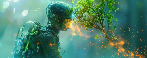 Poster - Cyberpunk figure with a glass backpack and oxygen tree. Futuristic and eco-friendly concept.