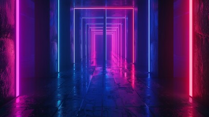 Canvas Print - In the future, spaceship corridors glow with neon blue and purple backgrounds. This image could be used for advertising, showrooms, technology, sports, and metaverses.