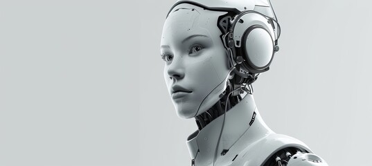 Poster - Animated robot head on white background. Using AI.