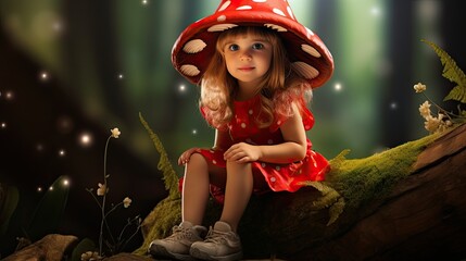 Sticker - cute little girl in mushroom hat with polka dots