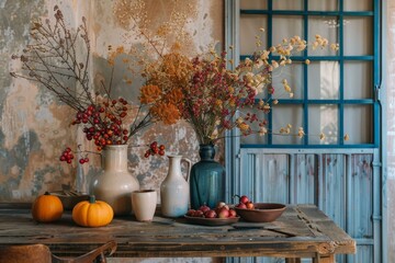 Sticker - Cozy fall setup featuring dried flowers in vases, pumpkins and berries on a vintage wooden table