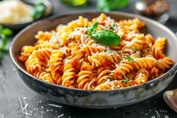 Canvas Print - Delicious Fusilli Pasta with Tomato Sauce and Basil