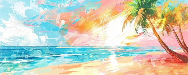 Wall Mural - A beach scene with palm trees and a blue ocean. Free copy space for text.