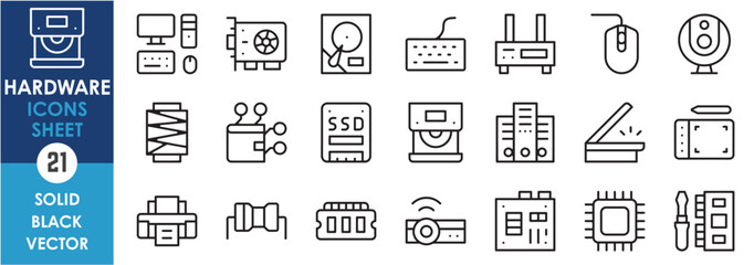 Fototapete - A set of line icons related to hardware. Monitor, Computer, wire, processor, keyboard, motherboard, ssd, resistor, printer and so on. Vector outline icons set.