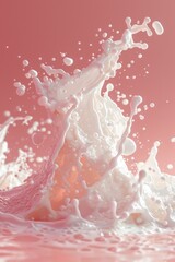 Poster - Creative splash of milk on a pink background, showcasing dynamic motion and fresh dairy concept. Perfect for advertising and food industry visuals.