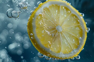 Canvas Print - Lemon Slice Underwater with Bubbles