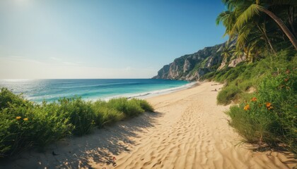 Poster - Tropical Beach with Palm Trees and Cliffs.