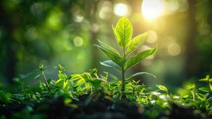 Wall Mural - AI generated Young plant growing in the morning light and green grass 