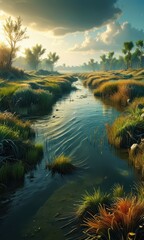 Poster - Serene River Flowing Through Lush Green Grasslands.