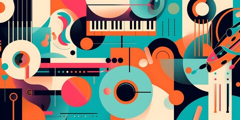 Poster - A retro poster with bold geometric shapes and contrasting colors, such as circles, squares and lines forming patterns resembling musical instruments