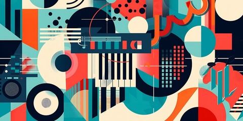 Poster - A retro poster with bold geometric shapes and contrasting colors, such as circles, squares and lines forming patterns resembling musical instruments