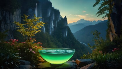 Poster - Serene Waterfall Oasis with Glowing Bowl.