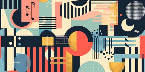 Poster - A retro poster with bold geometric shapes and contrasting colors, such as circles, squares and lines forming patterns resembling musical instruments