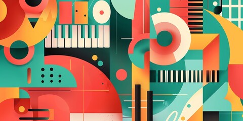 Poster - A retro poster with bold geometric shapes and contrasting colors, such as circles, squares and lines forming patterns resembling musical instruments