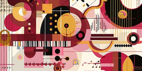 Poster - A retro poster with bold geometric shapes and contrasting colors, such as circles, squares and lines forming patterns resembling musical instruments