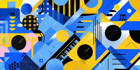 Poster - A retro poster with bold geometric shapes and contrasting colors, such as circles, squares and lines forming patterns resembling musical instruments