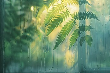 Wall Mural - Serene Rainy Morning with Raindrops on Window and Sunlit Fern Leaves