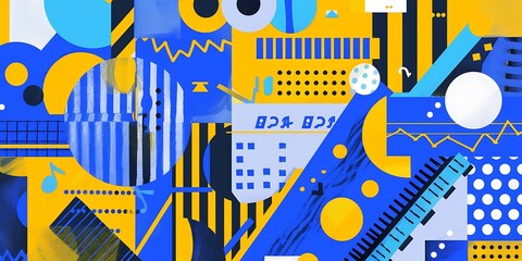 Poster - A retro poster with bold geometric shapes and contrasting colors, such as circles, squares and lines forming patterns resembling musical instruments