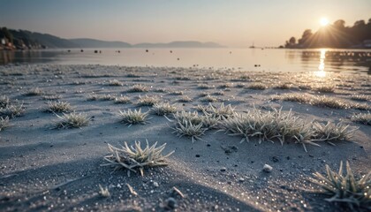 Poster - Frosty Grass on Beach at Sunrise.