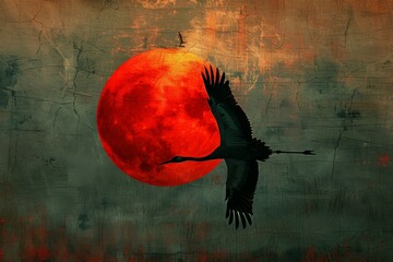 Wall Mural - Crane Silhouette Against Fiery Red Moon