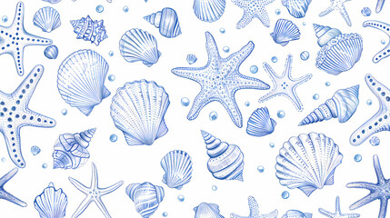 Cute Sea Stars, coral and shells in light blue pastel colors on a white background. - Seamless tile. Endless and repeat print.