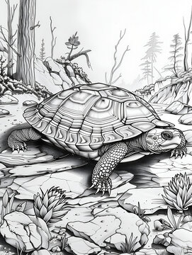 turtle on a white, style of a coloring book, black and white on a solid background	