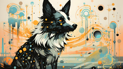 Wall Mural - Abstract Illustration of a Black and White Dog with a Colorful Background