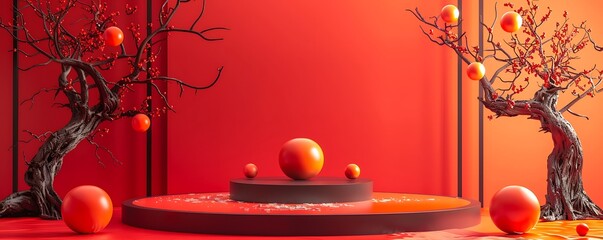 Centered podium with red and black theme, two dead trees on sides, orange balls at front, Chinese New Year background, minimalistic style.