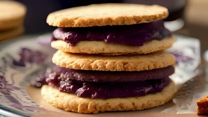 Wall Mural - A closeup shot of a foraged berry jam smothered between two layers of a homemade buttery shortbread cookie.