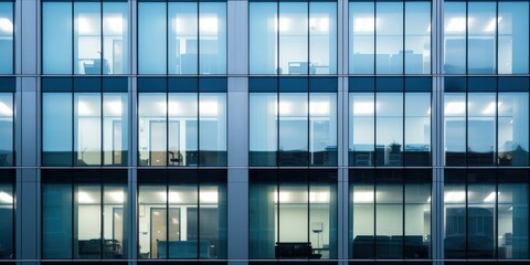 Glass facade of a modern office building with illuminated windows at night