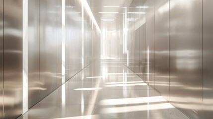 Poster - An empty hallway with reflective walls and a bright, white ceiling. The floor is shiny and reflects the light from above.