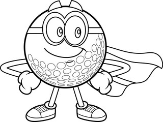 Wall Mural - Outlined Cute Golf Ball Cartoon Character SuperHero. Vector Hand Drawn Illustration Isolated On Transparent Background