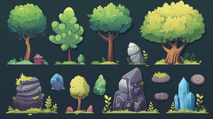 Cartoon-style trees and rocks collection