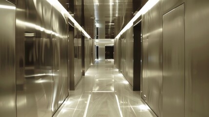 Leinwandbilder - A hallway with shiny metal walls and a white tiled floor. Light reflects off the surfaces.